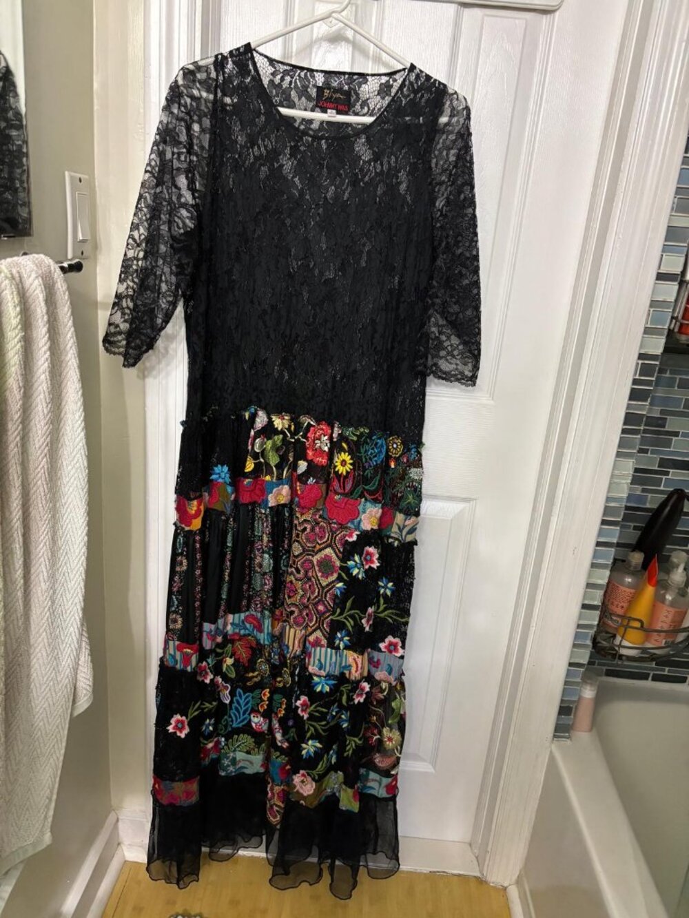 Johnny Was BIYA Style 839119-8 Black Lace & Multicolor Embroidered Maxi Dress —M
